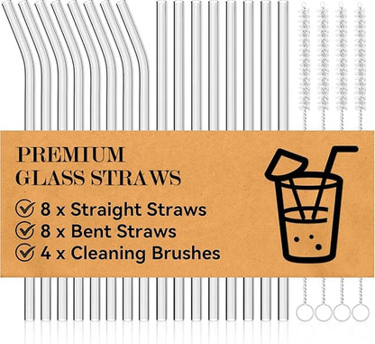 Foogwee® 20 Packs Reusable Glass Straws Set, 10'' x 10mm Clear Drinking Straws for Smoothies, Shakes, Coffee, Juice, Sodas, Milk, Tea, Cocktails, Set of 8 Straight and 8 Bent with 4 Cleaning Brushes