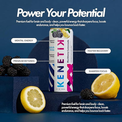 Kenetik Nootropic Ketone Drink, Ketones for Energy & Focus, Caffeine & Sugar Free, High Performance D-BHB Ketone Mix, Fuel w/Zero Crash or Jitters, Ready to Drink - Variety 12 Pk