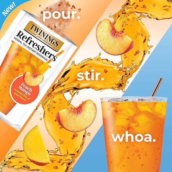 NEW Twinings Peach Mango Refreshers, Herbal Tea Instant Beverage with Real Peach Fruit Bits, 5 Count (Pack of 2), Café Style, No Artificial Sweeteners, Naturally Caffeine-Free Refreshment, 5 Packets