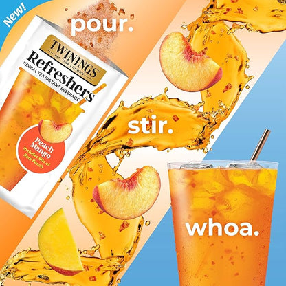NEW Twinings Peach Mango Refreshers, Herbal Tea Instant Beverage with Real Peach Fruit Bits, 5 Count (Pack of 2), Café Style, No Artificial Sweeteners, Naturally Caffeine-Free Refreshment, 5 Packets