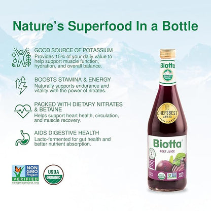Biotta Organic Beet Juice - 100% Vegetable Juice for Energy, Immunity & Wellness - Excellent Source of Nutrients - All Natural, Non-GMO, Gluten-Free (16.9 Fl Oz, Pack of 6)