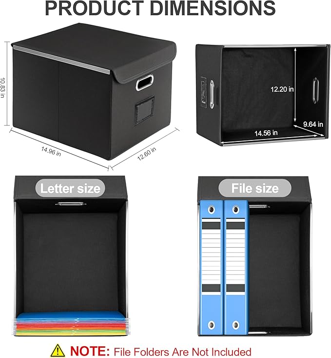 Collapsible File Box with Lid & Plastic Slide - Hanging Document Organizer for Office/Home, 14.96x12.6x10.83 Inch,Black, 2 Pack (No Folders Included)