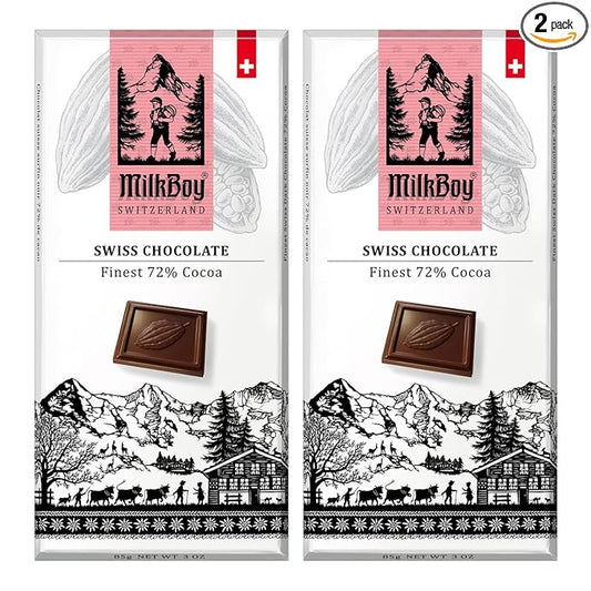 Milkboy Swiss Chocolates Dark Chocolates - 72% Cocoa, Made in Switzerland, Dairy Free, Vegan, Gluten-Free, Non-GMO, Kosher, Sustainably Farmed, European Chocolate - 3 oz, Pack 2