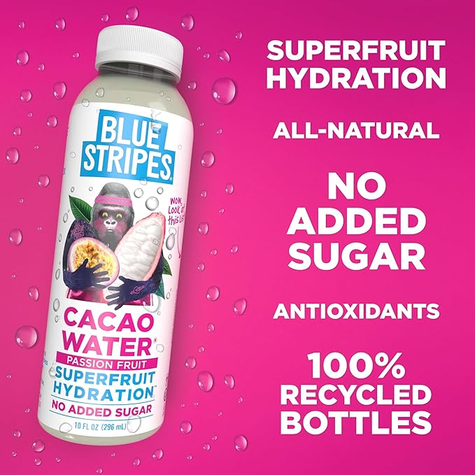 Blue Stripes Cacao Water (Passion Fruit) - All-Natural, No Sugar Added, Superfruit Hydration - Electrolytes & Antioxidants | Vitamin C & B | No Artificial Ingredients | (12 Pack)