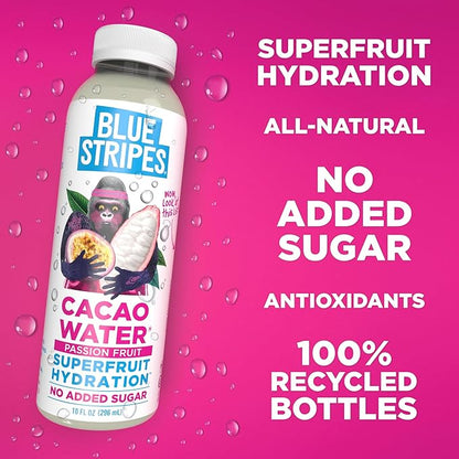 Blue Stripes Cacao Water (Passion Fruit) - All-Natural, No Sugar Added, Superfruit Hydration - Electrolytes & Antioxidants | Vitamin C & B | No Artificial Ingredients | (12 Pack)