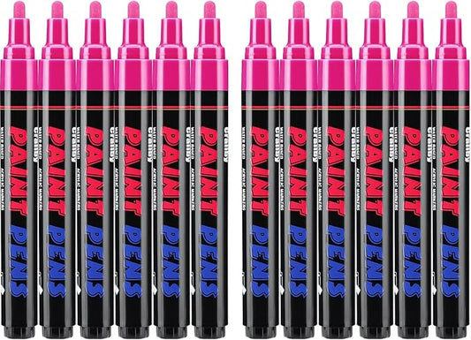 Pink Paint Pens Paint Markers - 12 Pack Permanent Quick Dry Waterproof Marker Pens for Rocks Wood Fabric Plastic Canvas Glass Mugs Metal Tire Stone