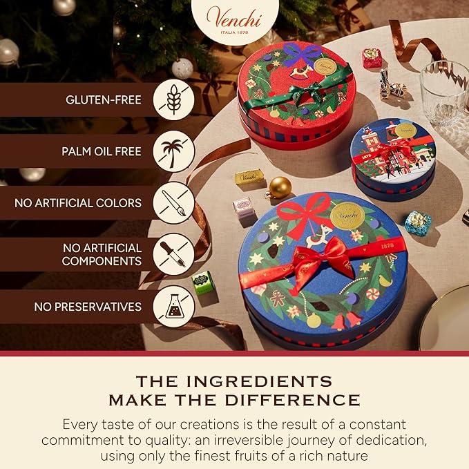 Venchi, Medium Christmas Hatbox Gift Tin with Assorted Perla Chocolates, with Whole Piedmont Hazelnut, Limited Edition, 7.2 oz, Gluten-Free, Christmas Gift Idea