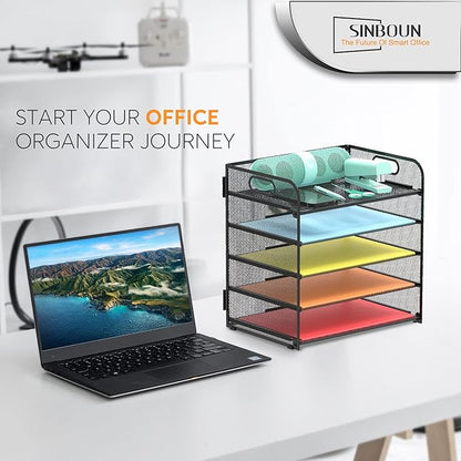 Letter Tray Paper Organizer 5-Tier Desk Organizer File Organizer Paper Holder with Handle, Metal Desktop Document Shelf Tray Office Classroom Organization - Black