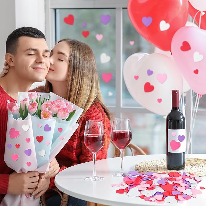 500 PCS Valentines Stickers, Matte Foam Hearts Stickers Bulk, Self-Adhesive Hearts Valentines Decor, 3 Sizes Red Purple Pink Foam Valentine Stickers Wedding Decoration Card Envelope DIY Crafts