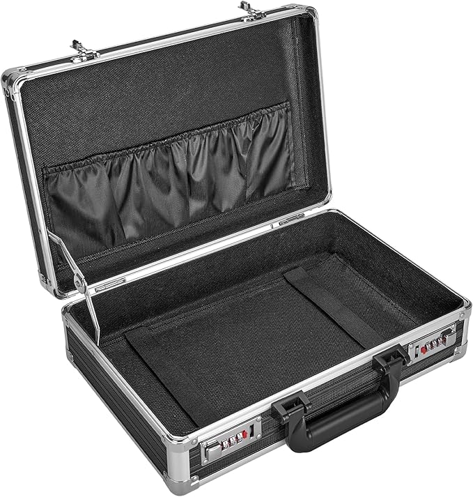 Medium Portable Locking Storage Totes - 14.2 x 9.8 x 4.5 Inch, Black, Modern Aluminum Storage Box with Dual Combination Locks