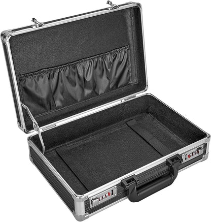 Medium Portable Locking Storage Totes - 14.2 x 9.8 x 4.5 Inch, Black, Modern Aluminum Storage Box with Dual Combination Locks