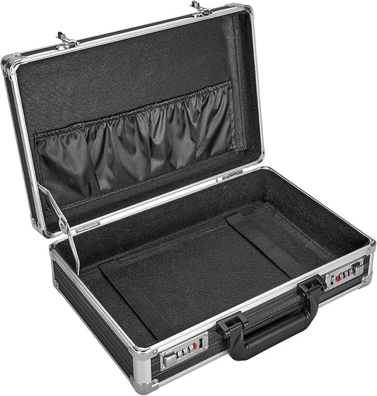 Medium Portable Locking Storage Totes - 14.2 x 9.8 x 4.5 Inch, Black, Modern Aluminum Storage Box with Dual Combination Locks