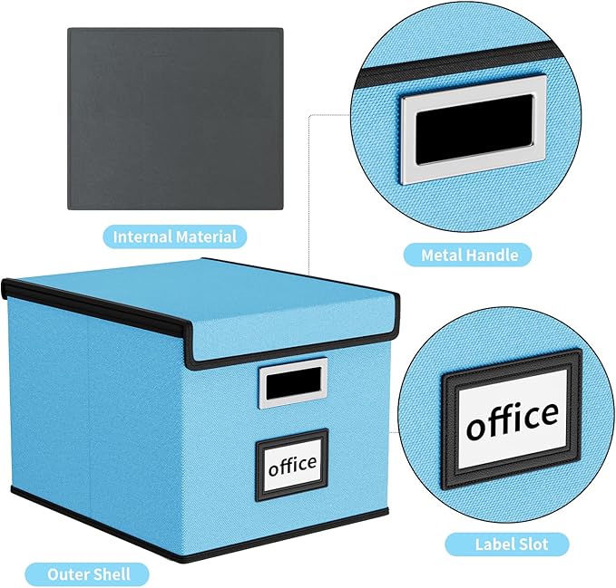 Huolewa Portable File Organizer Box Office Document Storage with Lid, Linen Hanging Filing Storage Boxes, Decorative Home/Office Filing System for File and Folders Storage (Sky-blue)