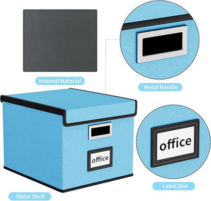 Huolewa Portable File Organizer Box Office Document Storage with Lid, Linen Hanging Filing Storage Boxes, Decorative Home/Office Filing System for File and Folders Storage (Sky-blue)