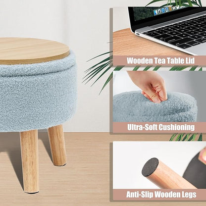 Poofzy Small Ottoman with Storage, Small Foot Stool Ottoman with Wood Legs, Sherpa Foot Rest for Couch, Living Room and Bedroom - Light Blue