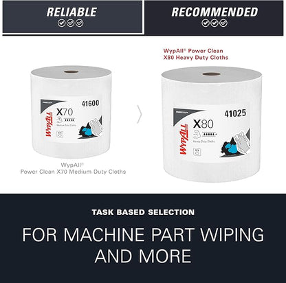 WypAll PowerClean X80 Cloths Heavy Duty Wipes (41025), Jumbo, Extended Use Towels, White (1 Roll of 475 Sheets, 475 Sheet Total)
