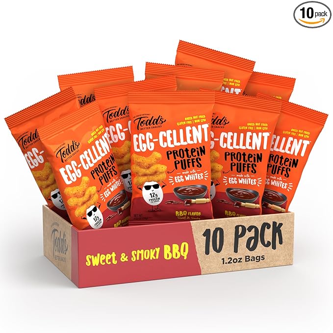 Todd's Better Snacks Egg-Cellent Protein Puffs, Sweet & Smoky BBQ – 12g Protein, Gluten-Free, Paleo-Friendly, Baked, GLP-1 Compliant – Healthy Snack, Made with Egg Whites – 1.2 Oz (Pack of 10)