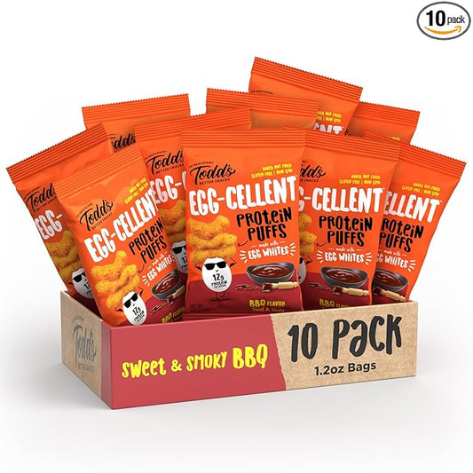 Todd's Better Snacks Egg-Cellent Protein Puffs, Sweet & Smoky BBQ – 12g Protein, Gluten-Free, Paleo-Friendly, Baked, GLP-1 Compliant – Healthy Snack, Made with Egg Whites – 1.2 Oz (Pack of 10)