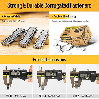 meite Corrugated Fasteners MC138 25 Gauge 1-Inch Crown 3/8-Inch Length Staples Corrugated W Fasteners for Pneumatic Corrugated Tools, for Woodworking Projects (1,200 Counts/Box)