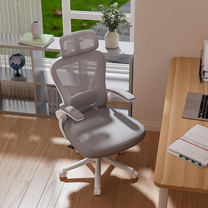 Computer Desk Chair, Ergonomic Office Chair M903 with Wheels, High Back Mesh Office Chair with Adjustable Lumbar Support, Headrest, Flip-Up Armrests, Withe Grey