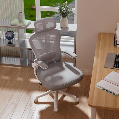 Computer Desk Chair, Ergonomic Office Chair M903 with Wheels, High Back Mesh Office Chair with Adjustable Lumbar Support, Headrest, Flip-Up Armrests, Withe Grey