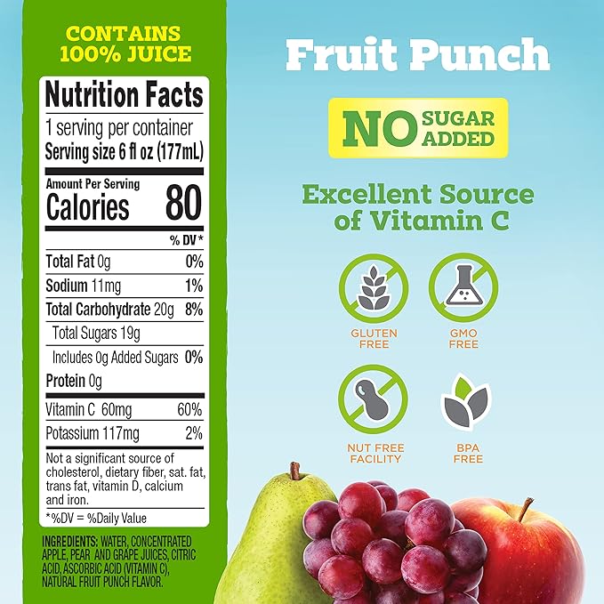 good2grow 100% Fruit Punch Flavored Juice for Kids - Juice Bottles Bulk 24 Pack, Reusable Bottle, No Sugar Added, Good Source of Vitamin C - 6 fl oz, Pack of 24 (Spill Proof Tops Not Included)