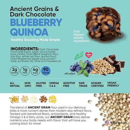 Good Source Snacks Dark Chocolate Bites & Ancient Grains, Blueberry Quinoa Chocolate Crisps, 9 Pack, 3 oz, Vegan, Gluten Free, Non GMO, Kosher Protein Bites