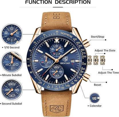 BY BENYAR Watch for Men Analog Quartz Chronograph Waterproof Luminous Designer Mens Wrist Watches Business Work Sport Casual Dress Watch with Silicone Strap Elegant Gifts for Men