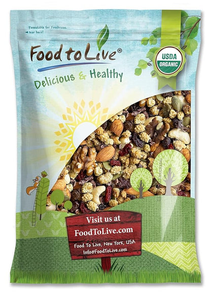 Organic Raw Munchies Snack Mix, 4 Pounds — Raw and Non-GMO Snack Mix Contains Cacao Nibs, Raisins, Almonds, Cashews, Walnuts, Goji Berries, Mulberries, Pumpkin Seeds. Vegan Superfood, Kosher, No Added
