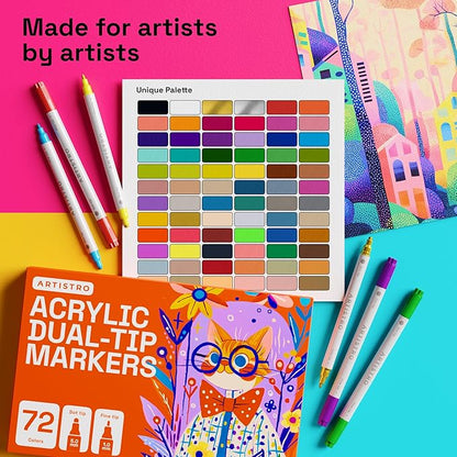 ARTISTRO 72 Acrylic Paint Markers for Rock, Fabric, Wood, Glass, Decoration - Dual-Tip Paint Pens for Coloring Books for Adults, Teens, Kids - Art and Craft Supplies Kit - Gift Idea