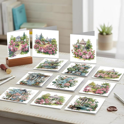jinglinhh 12pcs Diamond Art Painting Garden Flowers Greeting Cards with Envelopes, DIY Card Making Kits for Adults, Diamond Art Postcards Christmas Cards Craft Gifts