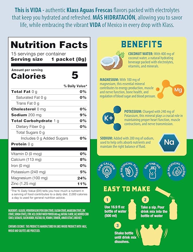 Electrolyte Drink Mix – Cucumber Limeade Agua Fresca Flavor | Sugar-Free Hydration Powder with Coconut Water & Minerals | 15 Single-Serve Stick Packs, Low Calorie, Natural Flavor