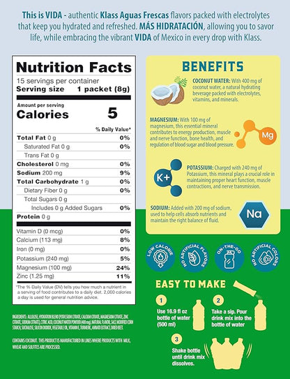 Electrolyte Drink Mix – Cucumber Limeade Agua Fresca Flavor | Sugar-Free Hydration Powder with Coconut Water & Minerals | 15 Single-Serve Stick Packs, Low Calorie, Natural Flavor