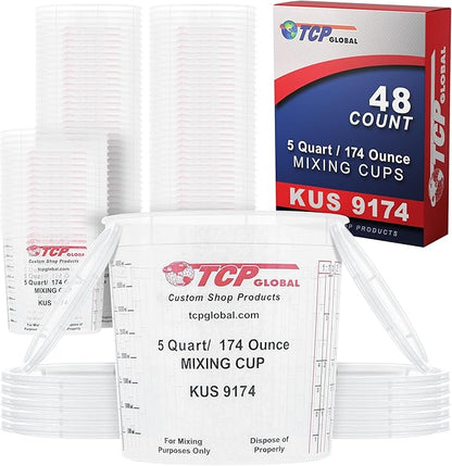 Custom Shop Paint Mixing Cups, 5-Quart (48 Pack) - Plastic Measuring Cups for Liquids, Automotive Painting, Epoxy Resin, Acrylic Arts, Crafts, Disposable or Reusable, Graduated, Mixing Ratios