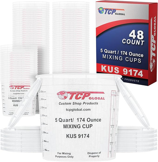 Custom Shop Paint Mixing Cups, 5-Quart (48 Pack) - Plastic Measuring Cups for Liquids, Automotive Painting, Epoxy Resin, Acrylic Arts, Crafts, Disposable or Reusable, Graduated, Mixing Ratios