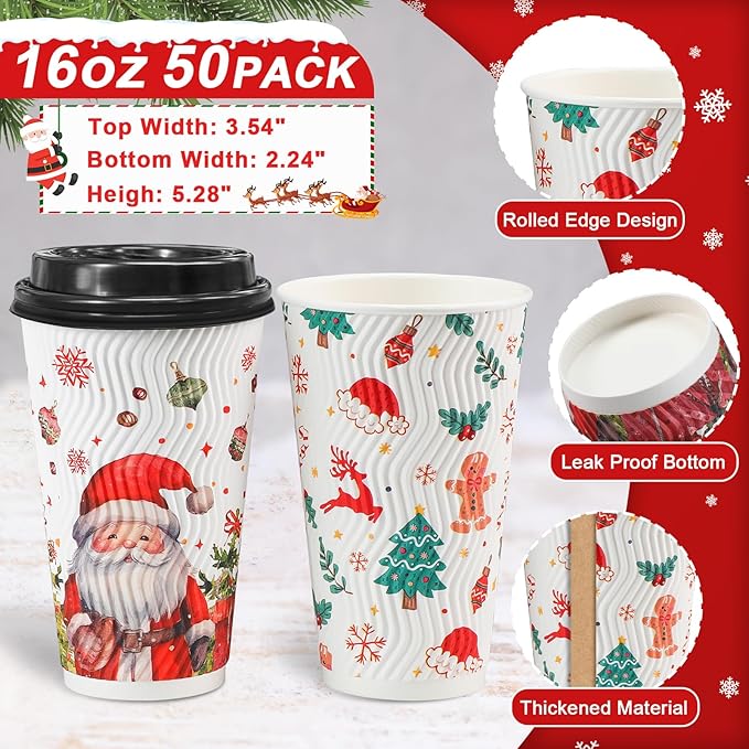 Lamosi 50 Pack 16 OZ Christmas Coffee Cups with Lids, Christmas Insulated To Go Coffee Cups, Hot/Cold Beverages Xmas Winter for Home Office Holiday Party