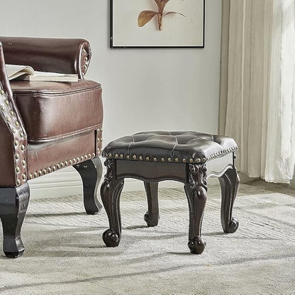 Footstool and Ottomans Small Foot Stool with Fiber Leather Wooden Foot Rest Upholstered Footrest for Living Room Bedroom (Dark-Brown)
