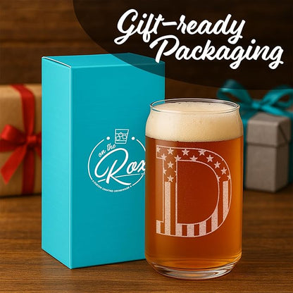 Monogram Beer Glasses for Men (A-Z) 16 oz - Beer Gifts for Men Brother Son Dad Neighbor - Unique Gifts for Him - Personalized Drinking Gift Beer Glass Mugs - Engraved Beer Can Glass (D)