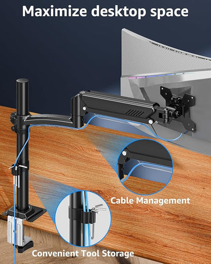 Single Monitor Arm Holds 4.4-22lbs, Monitor Stand for Desk, Height Adjustable Monitors Mount for 32 27 24 22inch, Full-Motion Monitors Desk Mount with C-Clamp＆Grommet Base, Freelift Black