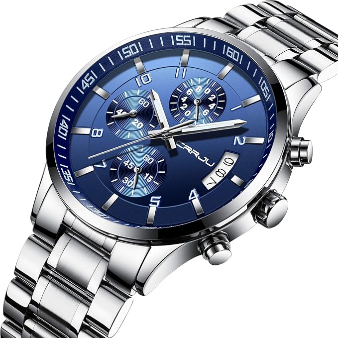 CRRJU Men's Fashion Stainless Steel Watches Date Waterproof Chronograph Wristwatches,Black Steel Band Waterproof Quartz Watch for Men