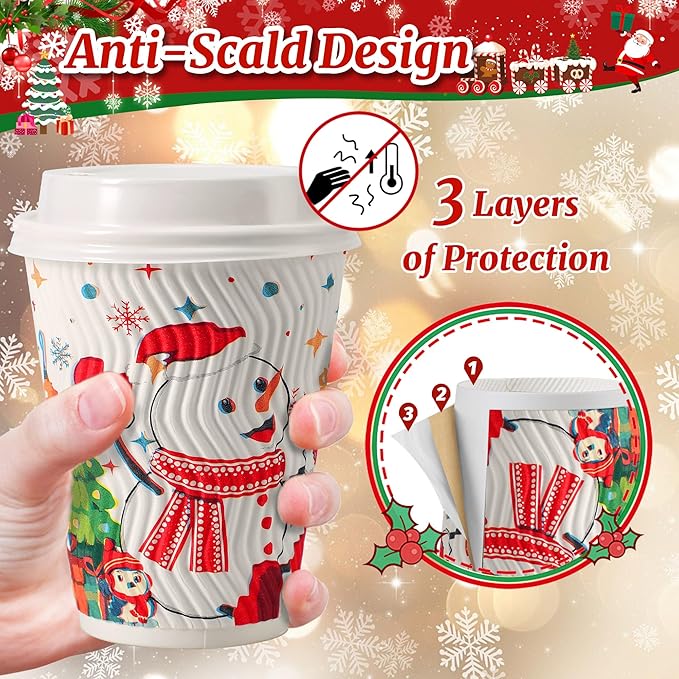 SIUQ 12 oz Christmas Coffee Cups with Lids - 50 Pack Disposable Insulated Paper Cups, Christmas Hot To Go Coffee Cups, Leak Proof Holiday Party Supplies for Office Home Celebrations