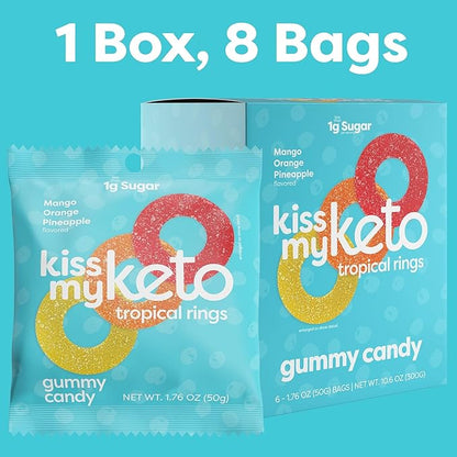 Kiss My Keto Sugar Free Gummies, Gummy Ring 6-Pack – Satisfy Cravings while Staying in Ketosis – High Fiber, 2g Net Carbs, Non-GMO, Vegan, & No Gluten – Calorie-Friendly Vegan Candy