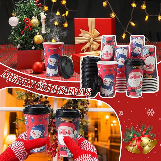 50 Pack 16 oz Christmas Coffee Cups with Lids, Holiday Disposable Paper Cups for Xmas Party Drinks, Hot Cocoa, Hot Chocolate, Cold Beverage