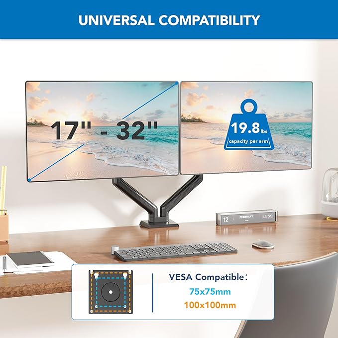 Mount-It! Full Motion Dual Monitor Mount with Spring Arms, 17" to 32", Full Motion Monitor Arm with Tilt, Rotation, Swivel, Height Adjustment, Clamp or Grommet, Fits VESA 75x75 and 100x100 - Black