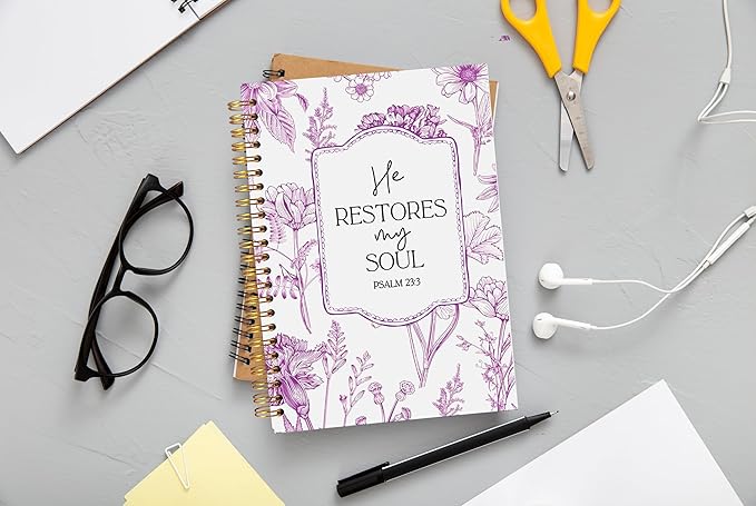 Christian Notebook for Women, Christian Art Gifts Journal, Prayer Journal for Women, Bible Journaling Notebook, PSALM 23:3 He Restores My Soul Floral Spiral Notebook 5.5x8.3
