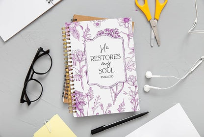 Christian Notebook for Women, Christian Art Gifts Journal, Prayer Journal for Women, Bible Journaling Notebook, PSALM 23:3 He Restores My Soul Floral Spiral Notebook 5.5x8.3