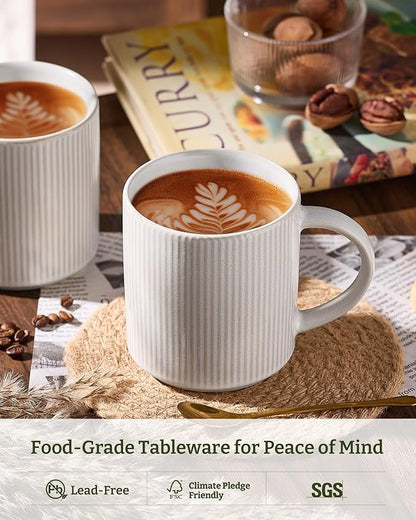 famiware Coffee Mug Set for 6, Star 16 oz Catering Mugs Cup Set with Handle for Coffee, Tea, Cocoa, Milk - Ceramic Stoneware Drinkware Set, Matte White + Matte Dark Charcoal