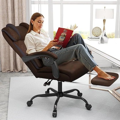 Ergonomic Office Chair with Footrest, 400lbs High Back Executive Home Office Computer Chair with Unique Ear-Shape Headrest for Neck Support,Coffee Leather Office Chairs for Home Office Work