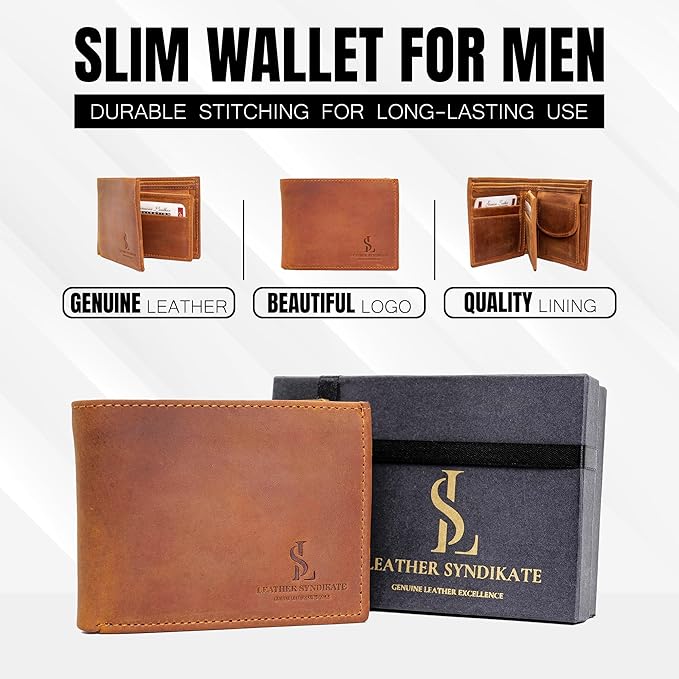 Bifold Wallet for Men with Premium Cowhide Leather Slim Wallet, Minimalist Design, Multiple Card Slots, Stylish Durable Gift-Ready Men’s Wallet (Brown)