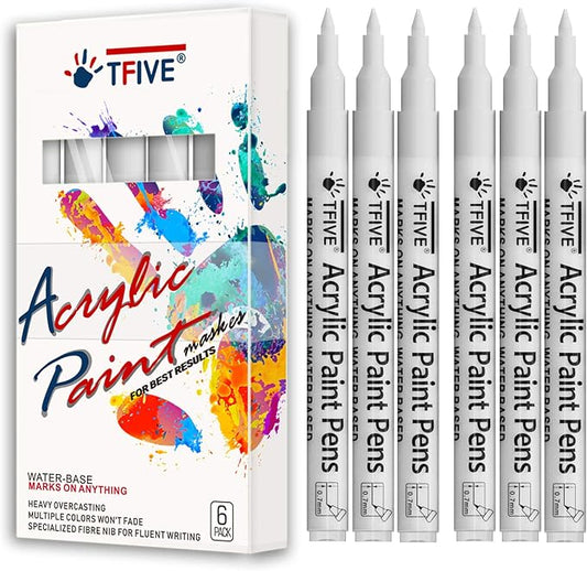 White Marker Paint Pens - 6 Pack Acrylic White Permanent Marker, 0.7mm Extra Fine Tip Paint Pen for Art projects, Drawing, Rock Painting, Stone, Ceramic, Glass, Wood, Plastic, Metal, Canvas DIY Crafts